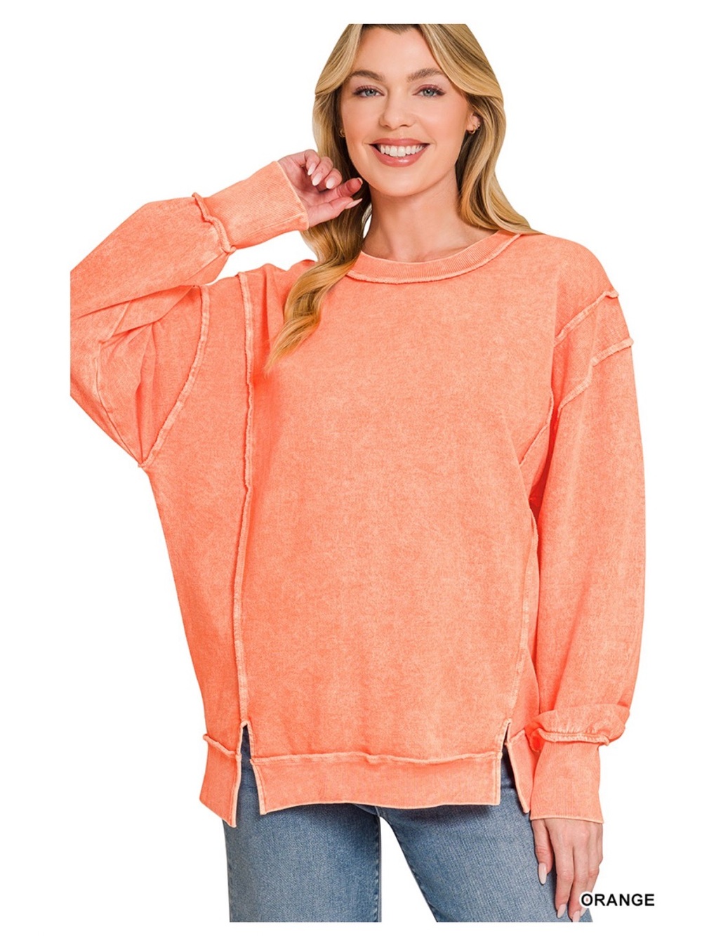Zenana Outfitters Orange Mineral-Wash Raw-Edge Pullover